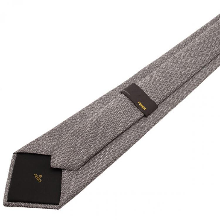 Pre Owned Fendi Grey FF Embroidered Silk Tie