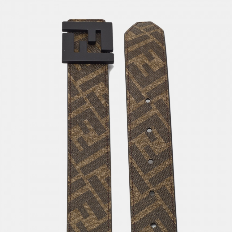 Pre Owned Fendi Black/Tobacco Zucca Coated Canvas and Leather FF Reversible Belt 
