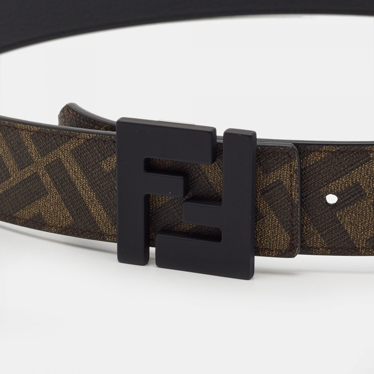 Pre Owned Fendi Black/Tobacco Zucca Coated Canvas and Leather FF Reversible Belt 