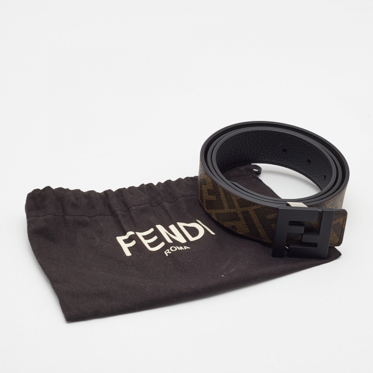 Pre Owned Fendi Black/Tobacco Zucca Coated Canvas and Leather FF Reversible Belt 