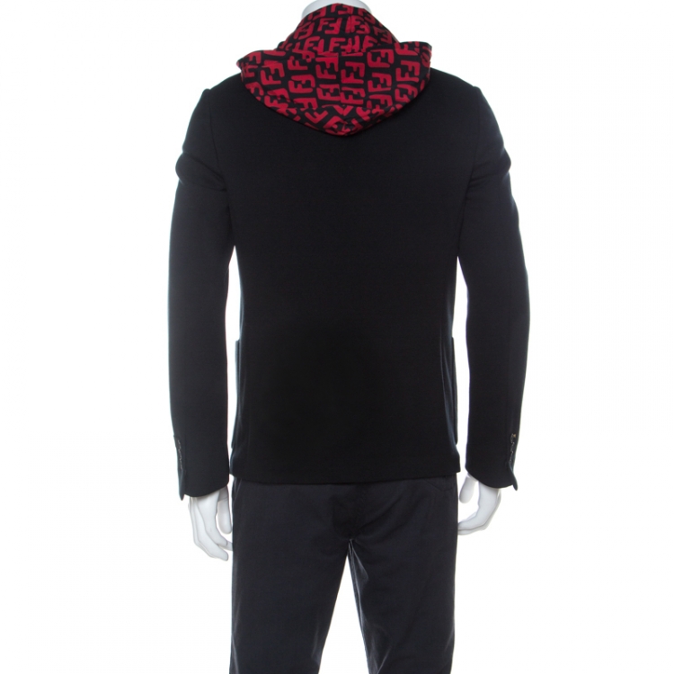 مملوكة مسبقًا Fendi Black and Red Stretch Jersey Zucca Printed Hooded Blazer L