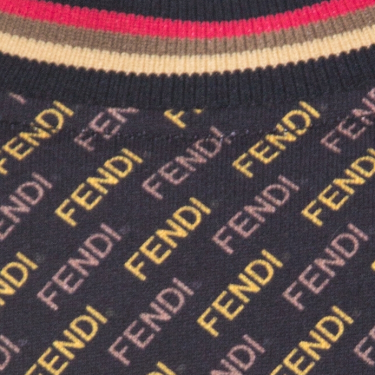 Pre Owned Fendi Black and Yellow Knit Diagonal Logo Printed Jumper L