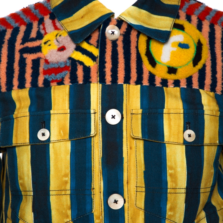 Pre Owned Fendi Yellow & Blue Stripe Print Canvas Fur Detail Jacket S