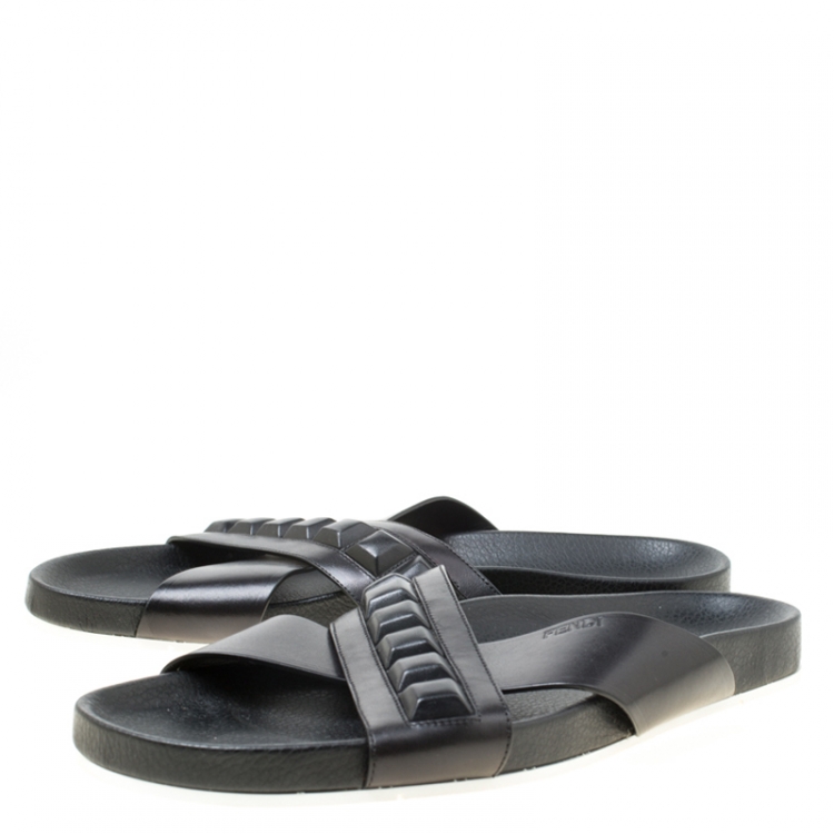 Pre Owned Fendi Black Leather Cross Strap Slipper Sandals Size 43