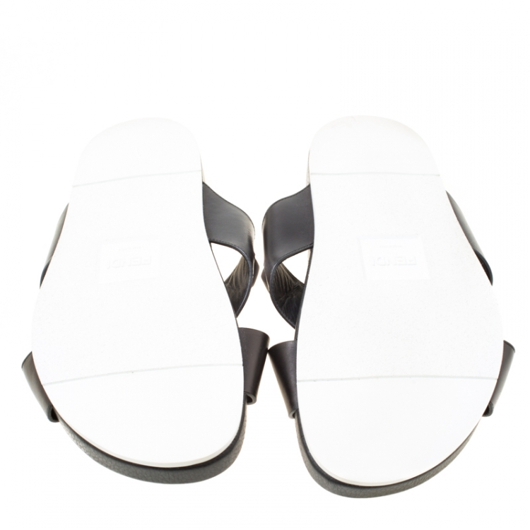 Pre Owned Fendi Black Leather Cross Strap Slipper Sandals Size 43