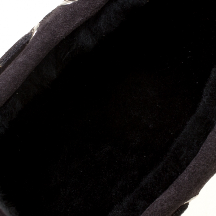 Pre Owned Fendi Black Suede With Merino Wool Lining Bow Loafers Size 42