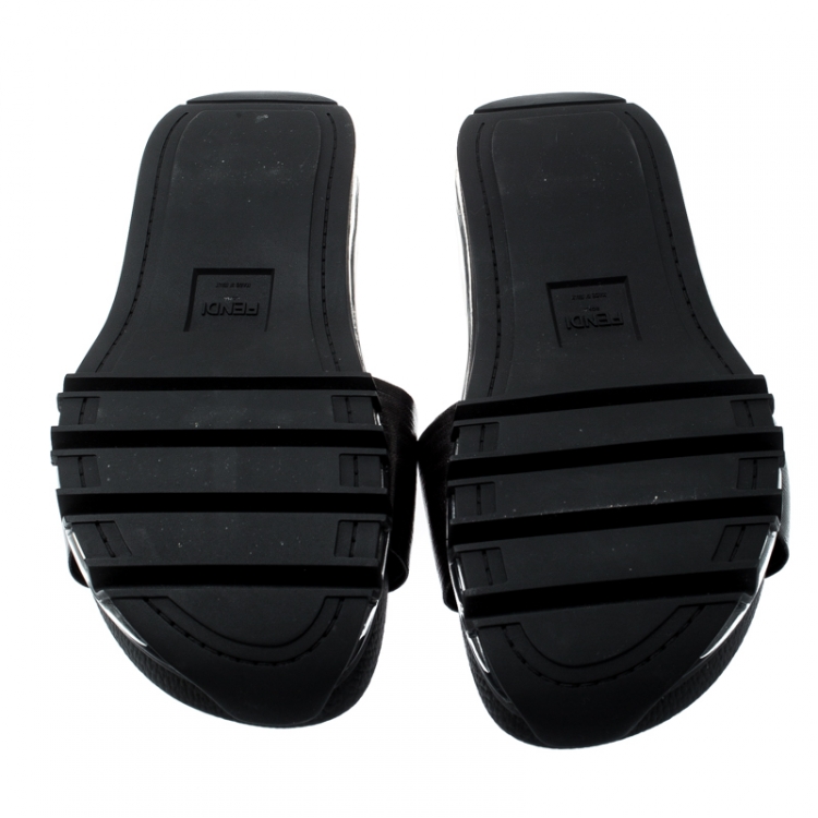 Pre Owned Fendi Black Zucca Coated Canvas Logo Appliquèd Sliders Size 42