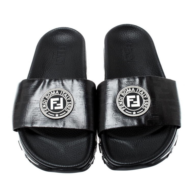 Pre Owned Fendi Black Zucca Coated Canvas Logo Appliquèd Sliders Size 42