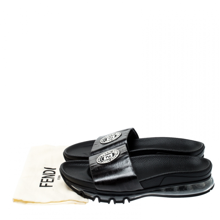 Pre Owned Fendi Black Zucca Coated Canvas Logo Appliquèd Sliders Size 42
