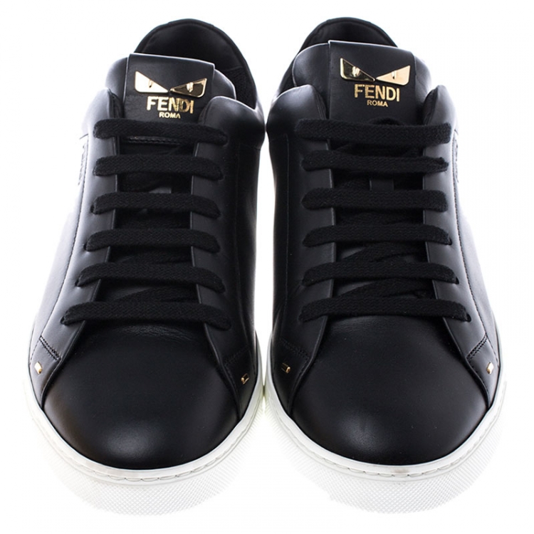 Pre Owned Fendi Black Leather Bag Bugs On Tongue Low Top Sneakers Size 41