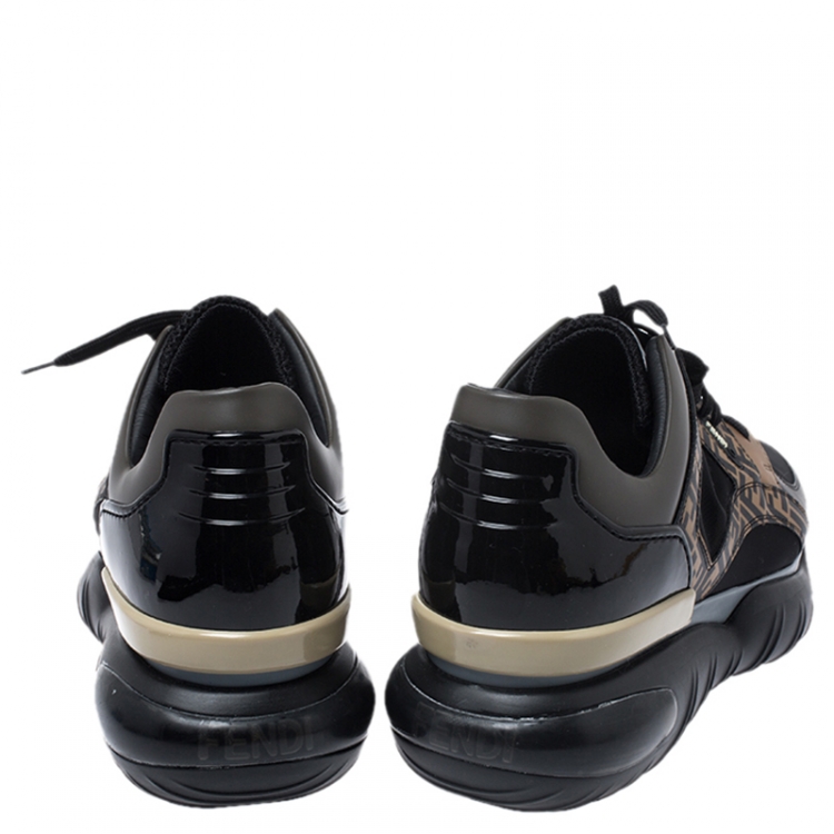 Pre Owned Fendi Black/Brown Zucca Monogram Leather, Mesh, Patent Leather Chunky Sneakers Size 45