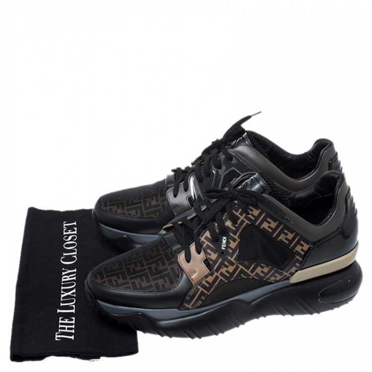 Pre Owned Fendi Black/Brown Zucca Monogram Leather, Mesh, Patent Leather Chunky Sneakers Size 45