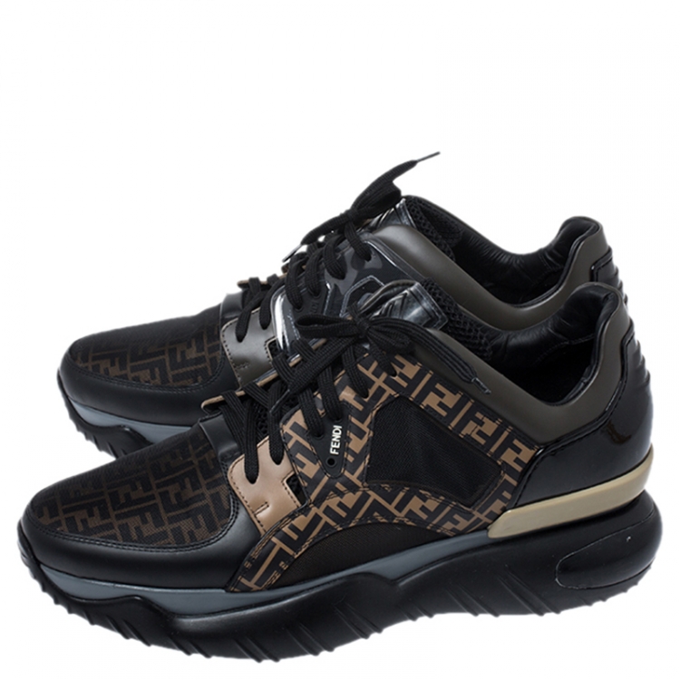 Pre Owned Fendi Black/Brown Zucca Monogram Leather, Mesh, Patent Leather Chunky Sneakers Size 45