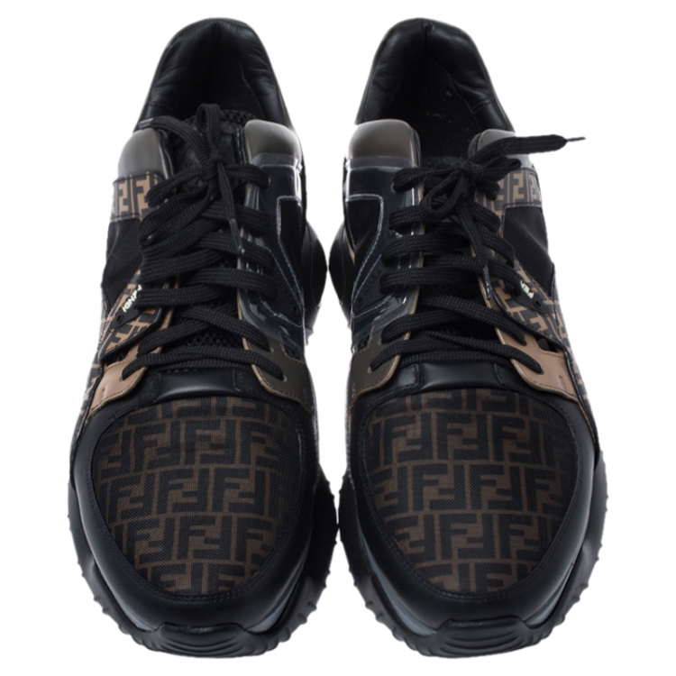 Pre Owned Fendi Black/Brown Zucca Monogram Leather, Mesh, Patent Leather Chunky Sneakers Size 45