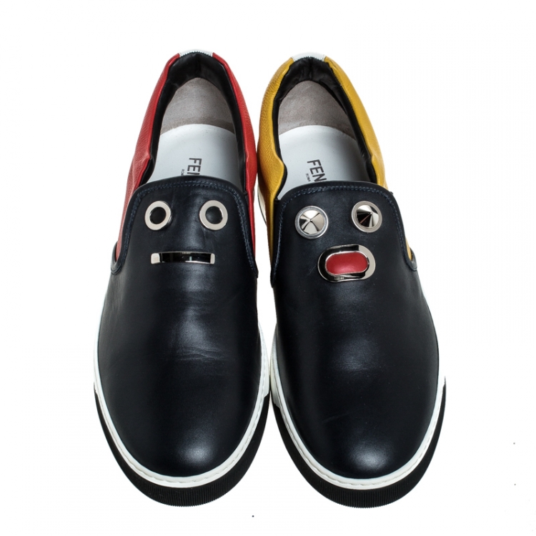 Pre Owned Fendi Mulitcolor Leather Face Detail Slip On Sneakers Size 43