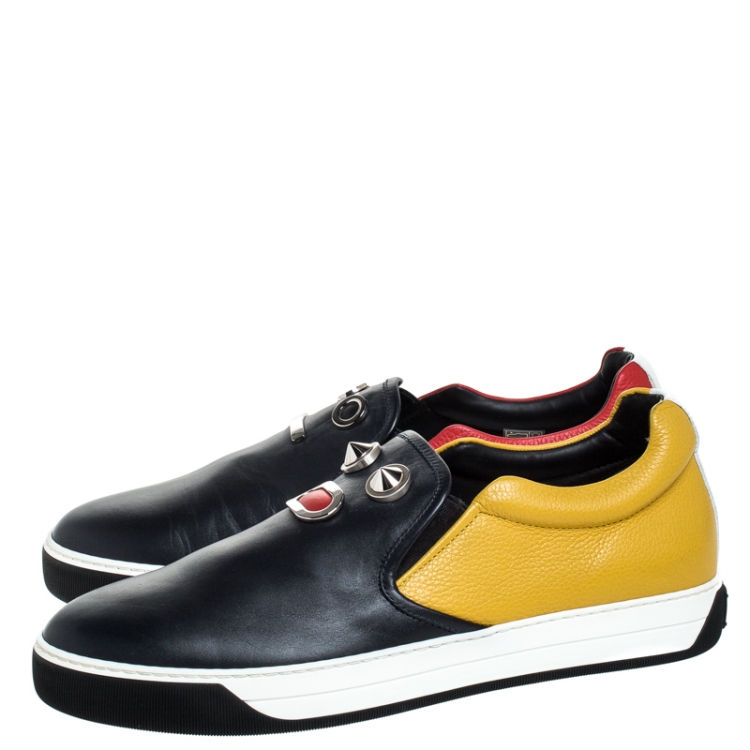 Pre Owned Fendi Mulitcolor Leather Face Detail Slip On Sneakers Size 43