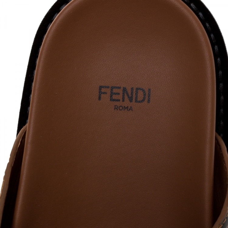 Pre Owned Fendi Dark Brown Zucca Leather Slide Sandals Size 40
