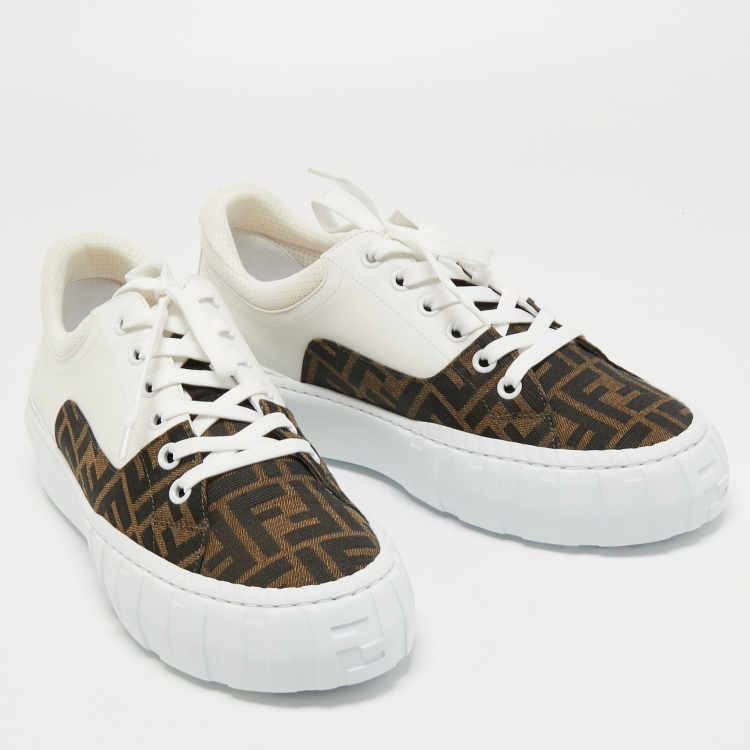 Pre Owned Fendi White/Brown FF Canvas and Leather Motif Lace Up Sneakers Size 44