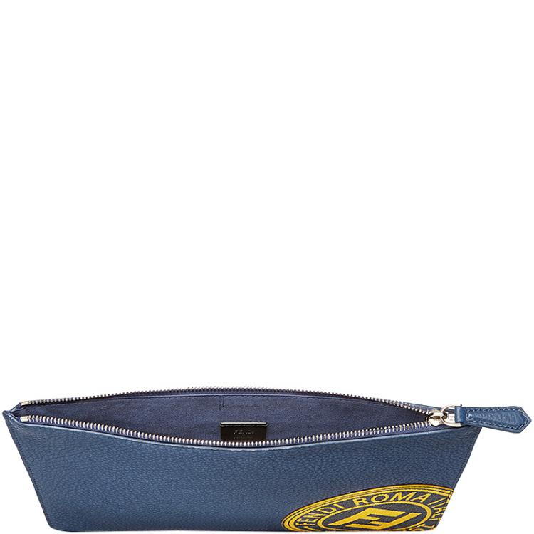 Pre Owned Fendi Blue Roman Leather Slim Zipped Pouch