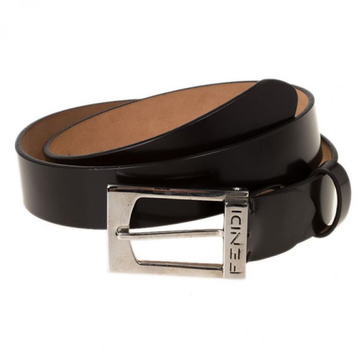 Pre Owned Fendi Black Leather Logo Buckle Belt 100CM