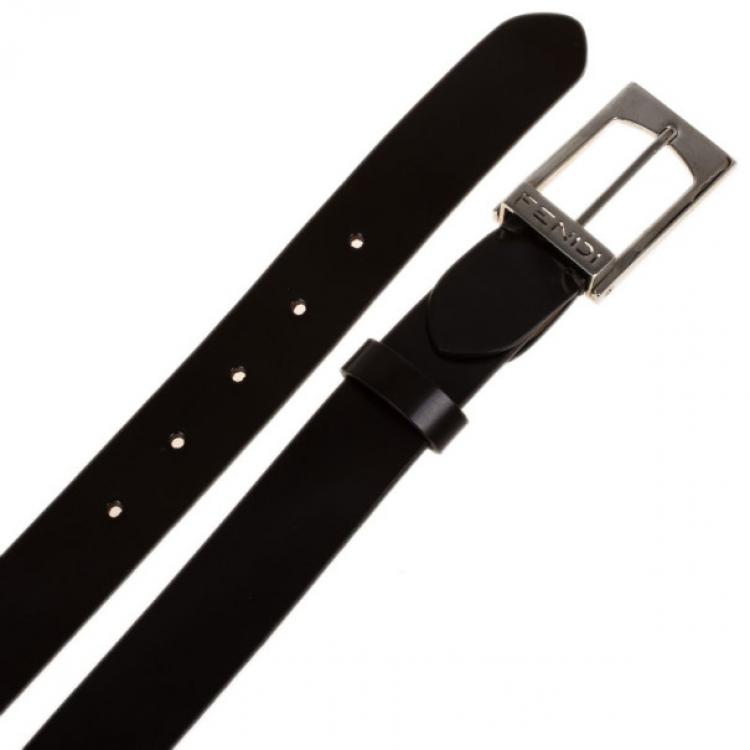 Pre Owned Fendi Black Leather Logo Buckle Belt 100CM