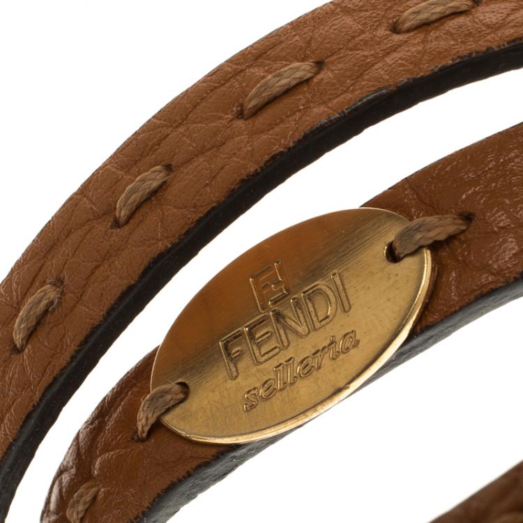 Pre Owned Fendi Selleria Brown Leather Double Wrap Bracelet 
