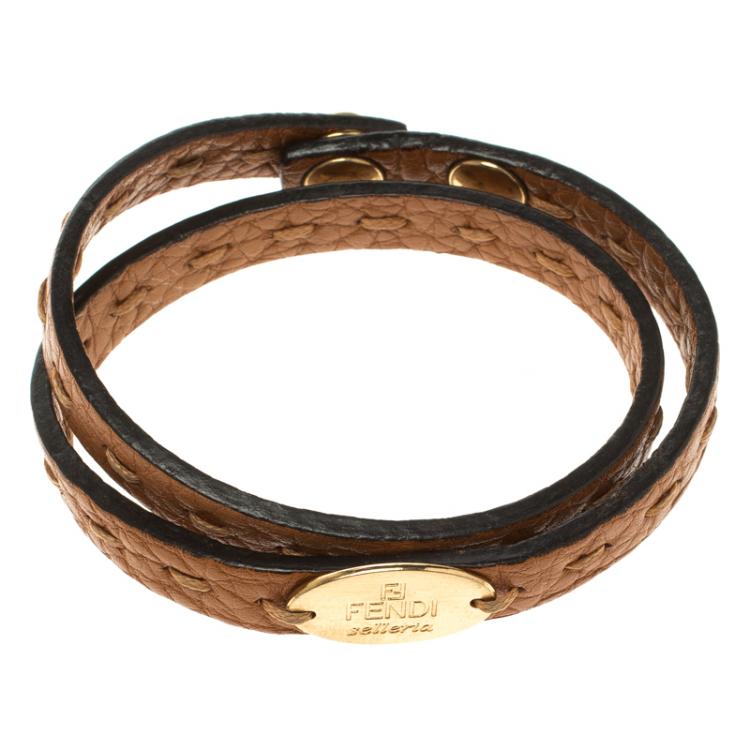 Pre Owned Fendi Selleria Brown Leather Double Wrap Bracelet 
