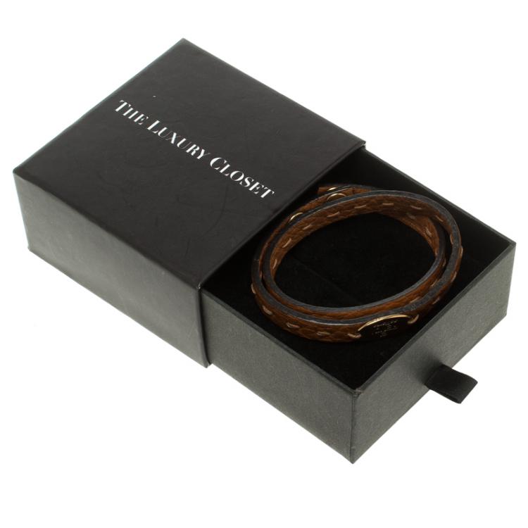 Pre Owned Fendi Selleria Brown Leather Double Wrap Bracelet 