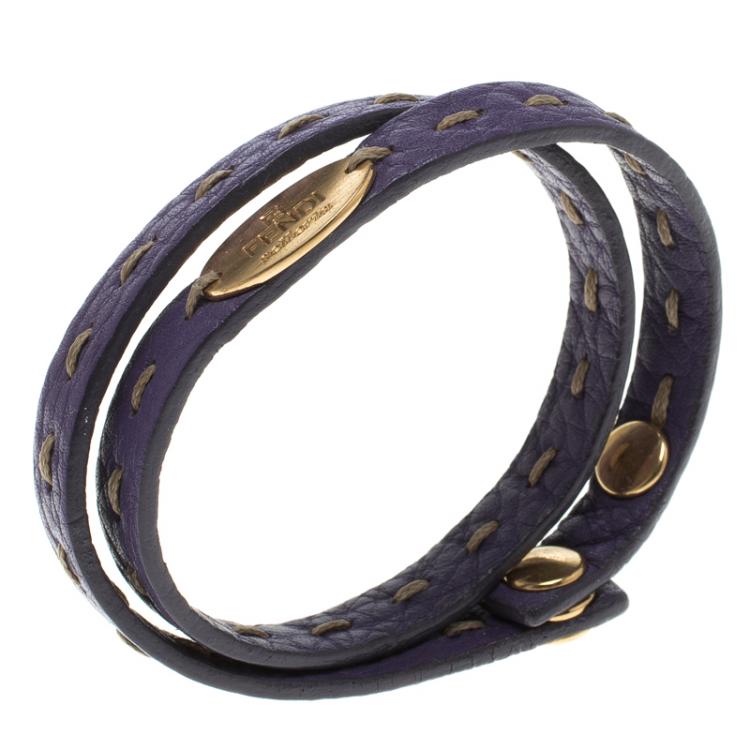 Pre Owned Fendi Selleria Purple Leather Double Wrap Bracelet 