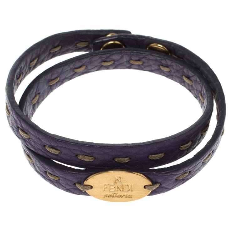 Pre Owned Fendi Selleria Purple Leather Double Wrap Bracelet 
