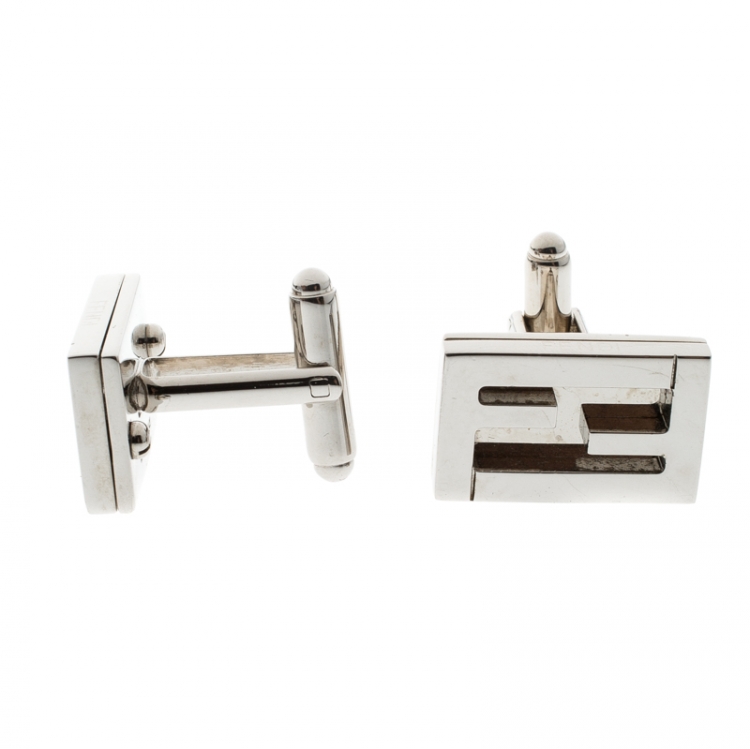 Pre Owned Fendi FF Silver Tone Rectangular Cufflinks