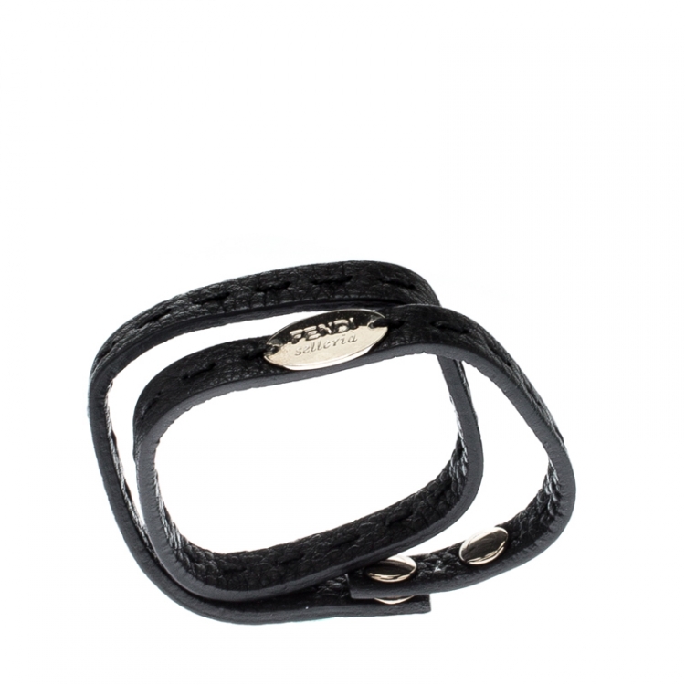 Pre Owned Fendi Selleria Black Leather Silver Tone Double Wrap Bracelet