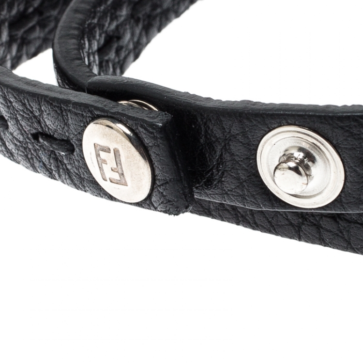 Pre Owned Fendi Selleria Black Leather Silver Tone Double Wrap Bracelet