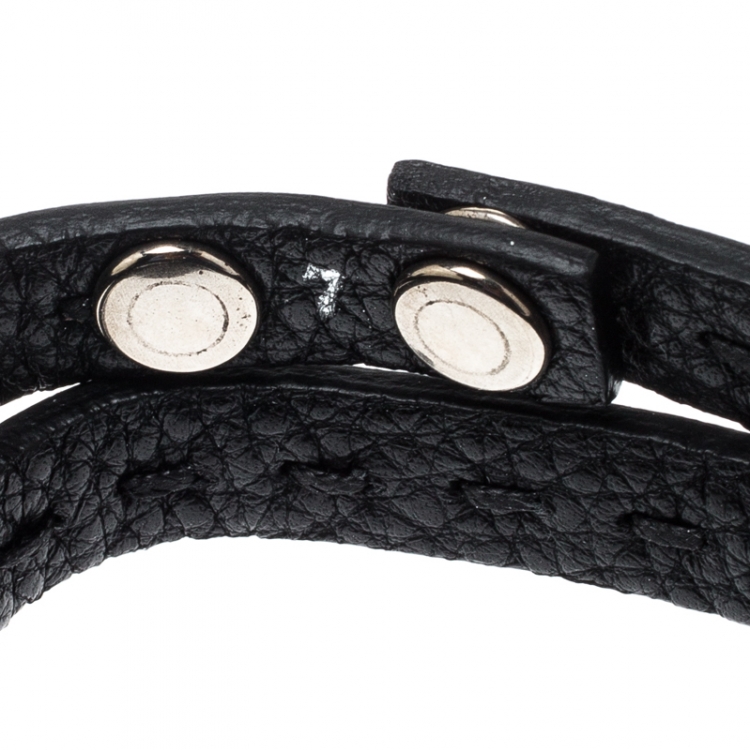 Pre Owned Fendi Selleria Black Leather Silver Tone Double Wrap Bracelet