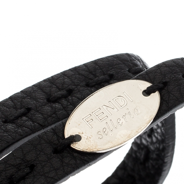 Pre Owned Fendi Selleria Black Leather Silver Tone Double Wrap Bracelet