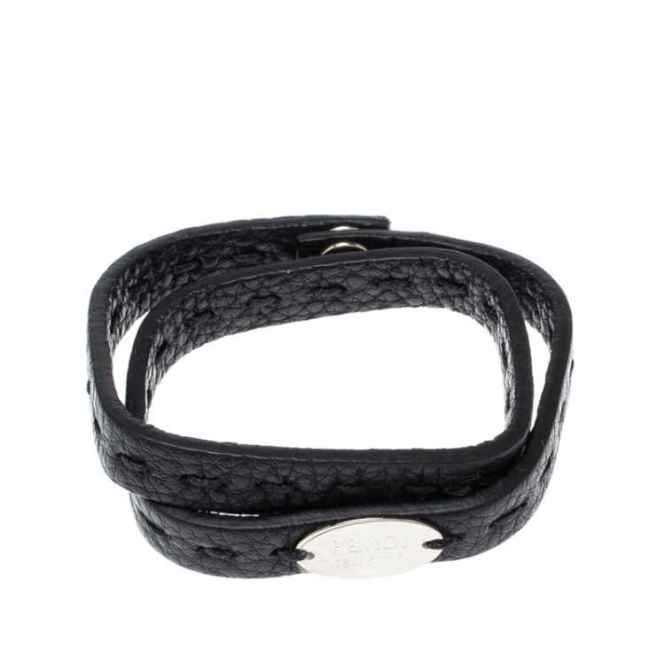 Pre Owned Fendi Selleria Black Leather Silver Tone Double Wrap Bracelet