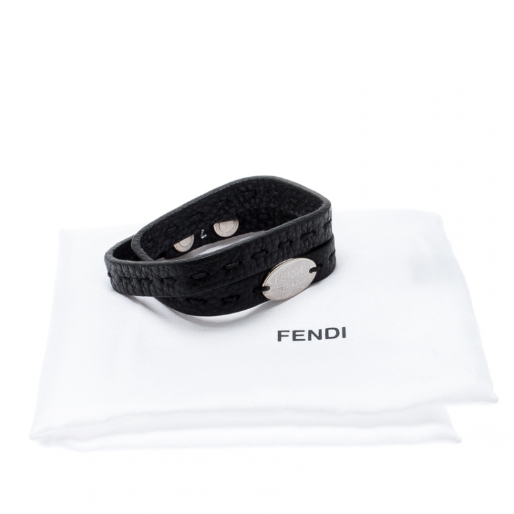 Pre Owned Fendi Selleria Black Leather Silver Tone Double Wrap Bracelet