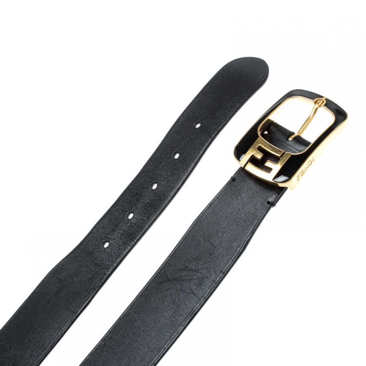 Pre Owned Fendi Black Leather Logo Buckle Belt 90CM