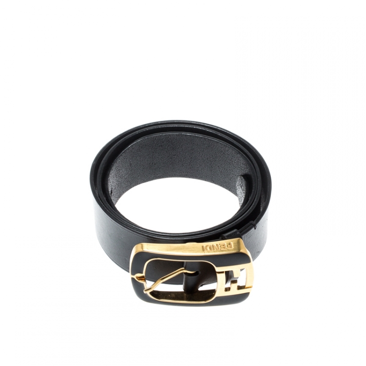 Pre Owned Fendi Black Leather Logo Buckle Belt 90CM