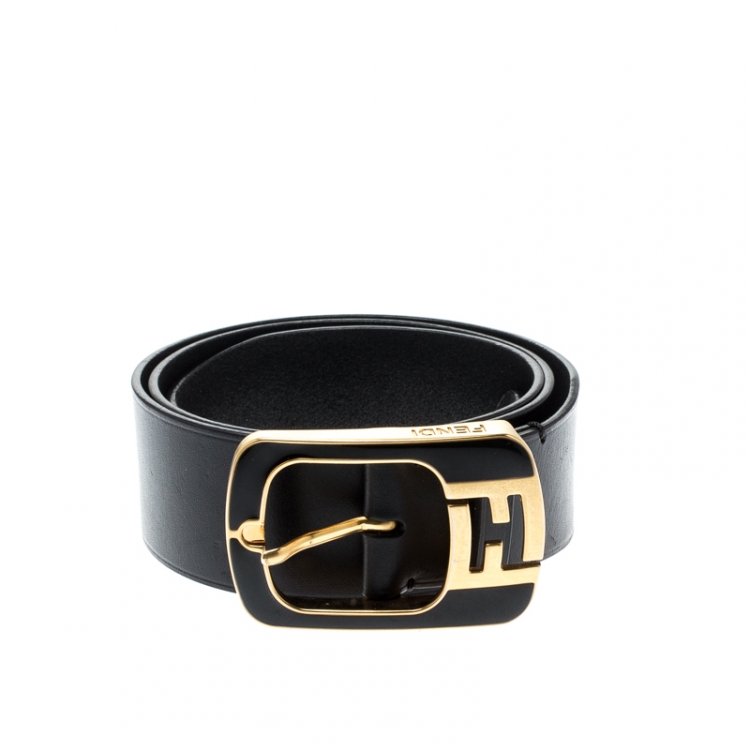 Pre Owned Fendi Black Leather Logo Buckle Belt 90CM