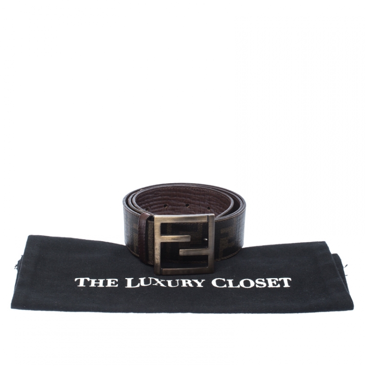 Pre Owned Fendi Tobacco Zucca Coated Canvas Enamel Buckle Belt 90CM