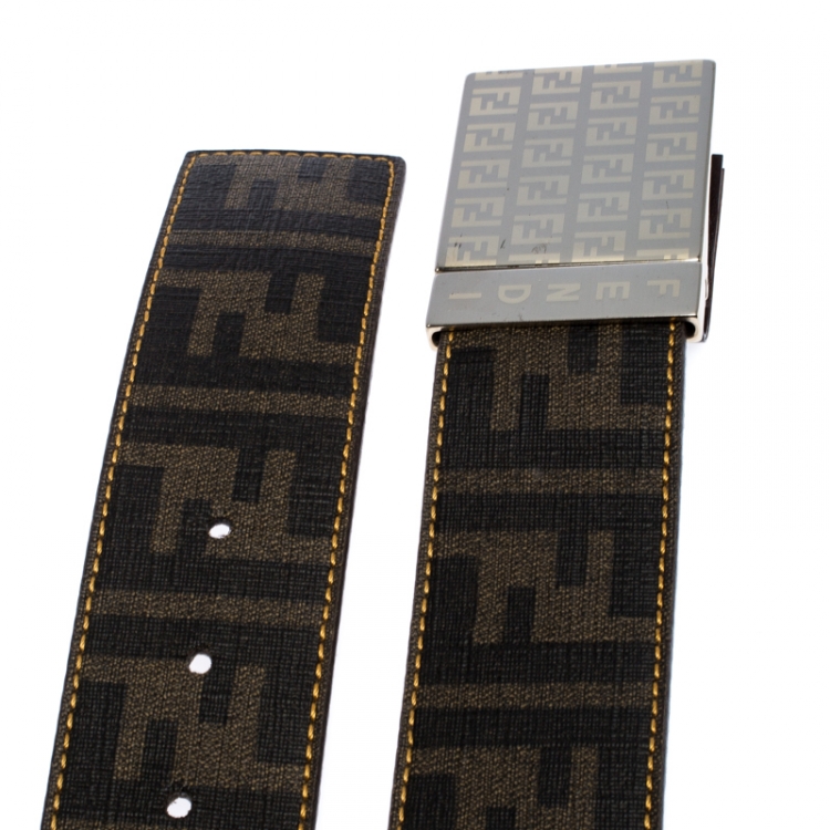 Pre Owned  Fendi Brown/Beige Zucca Coated Canvas Reversible Buckle Belt 90CM