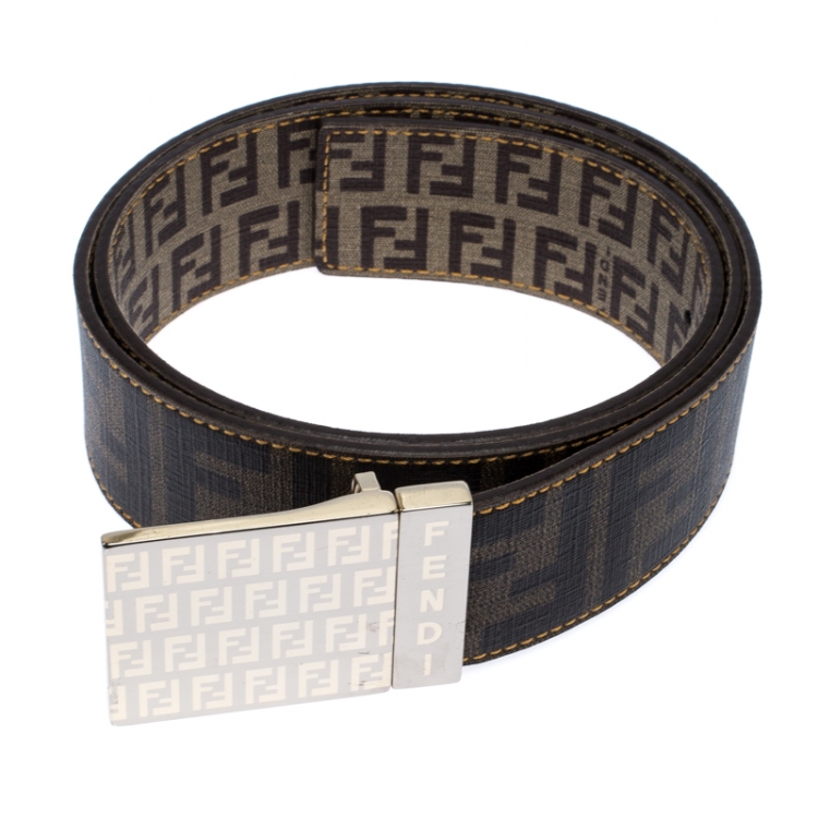 Pre Owned  Fendi Brown/Beige Zucca Coated Canvas Reversible Buckle Belt 90CM