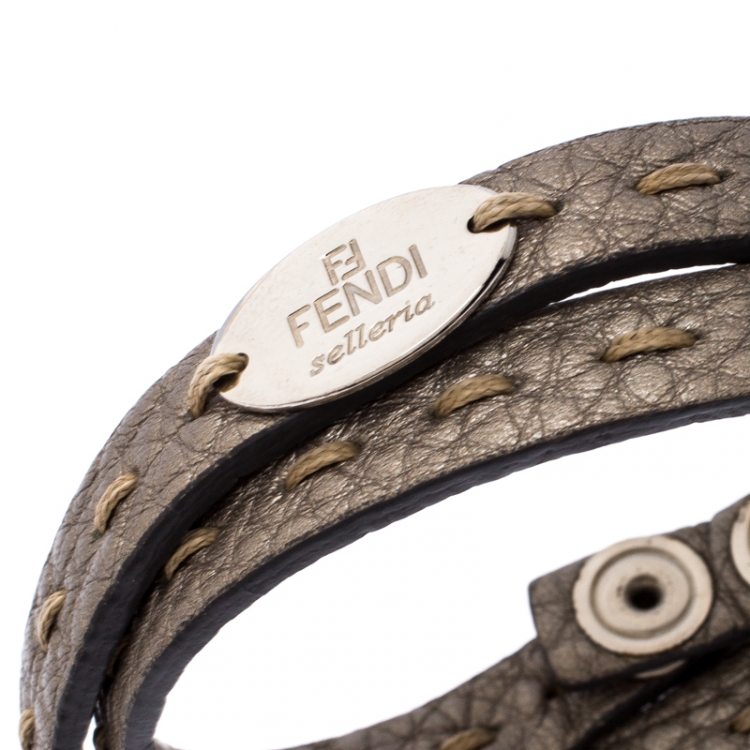 Pre Owned Fendi Selleria Metallic Leather Silver Tone Double Wrap Bracelet