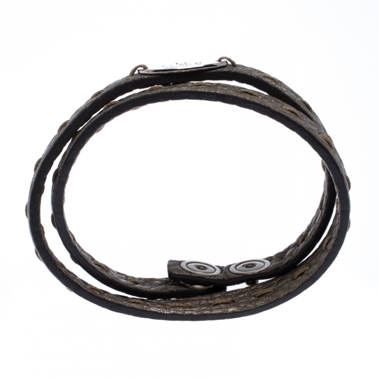 Pre Owned Fendi Selleria Metallic Leather Silver Tone Double Wrap Bracelet