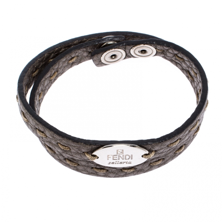 Pre Owned Fendi Selleria Metallic Leather Silver Tone Double Wrap Bracelet
