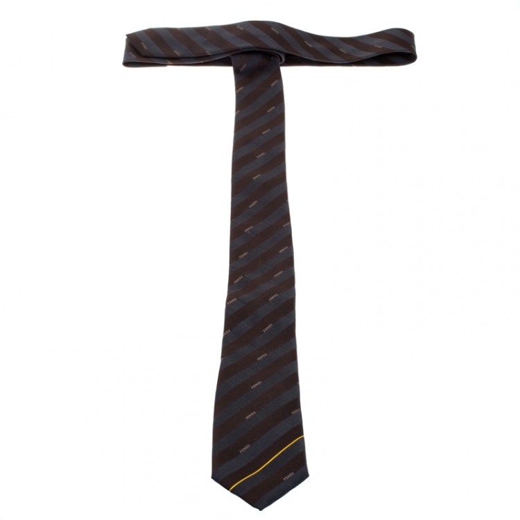 Pre Owned Fendi Bicolor Striped Logo Embroidered Skinny Silk Tie