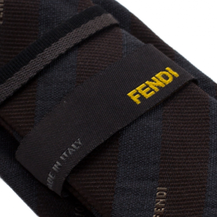 Pre Owned Fendi Bicolor Striped Logo Embroidered Skinny Silk Tie