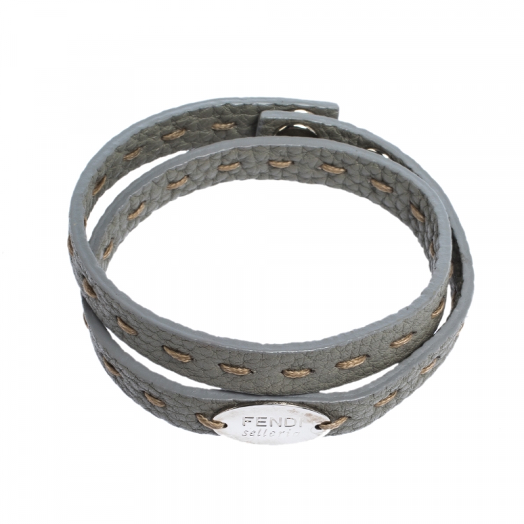 مملوكة مسبقًا Fendi Selleria Grey Leather Silver Tone Double Wrap Bracelet