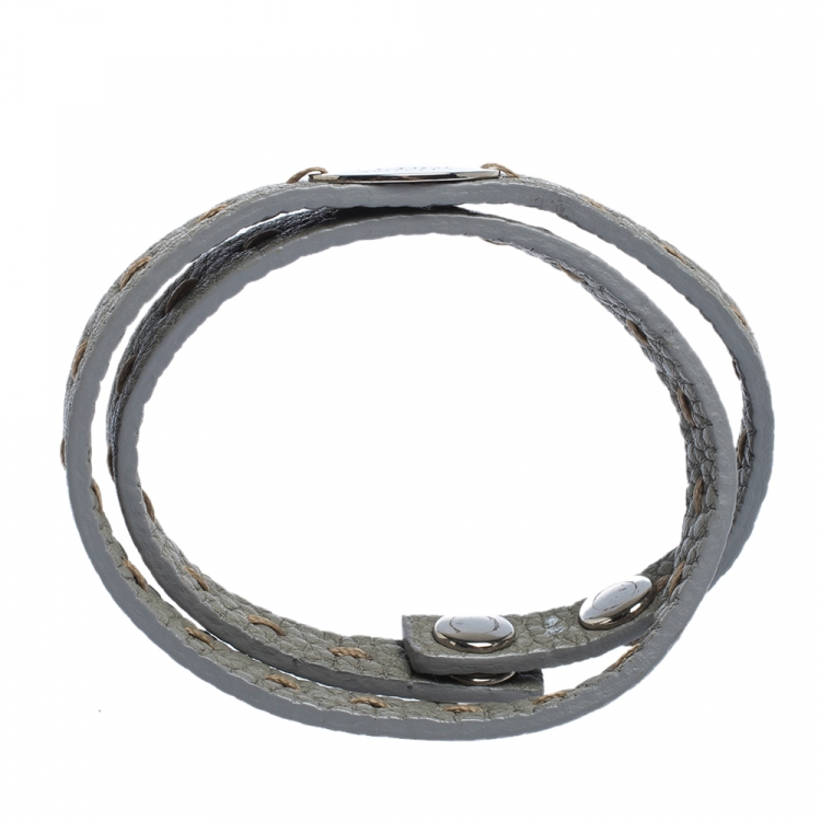 مملوكة مسبقًا Fendi Selleria Grey Leather Silver Tone Double Wrap Bracelet